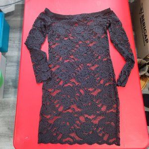 U2B off shoulder lace mini dress black floral design women's size L